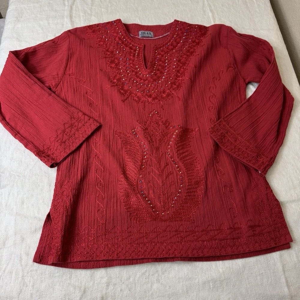 Embroidered Boho Womens Red Crinkle Tunic Top Shirt Size S Peasant Popover LS